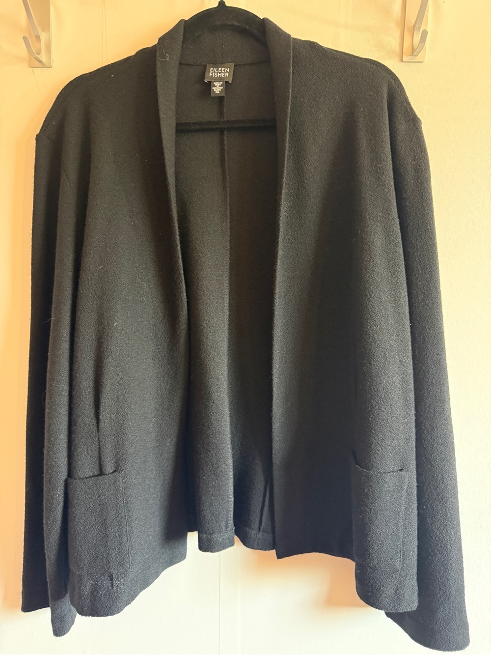 Eileen Fisher XL 100% Wool Black Open Front Cardigan Sweater Minimalist